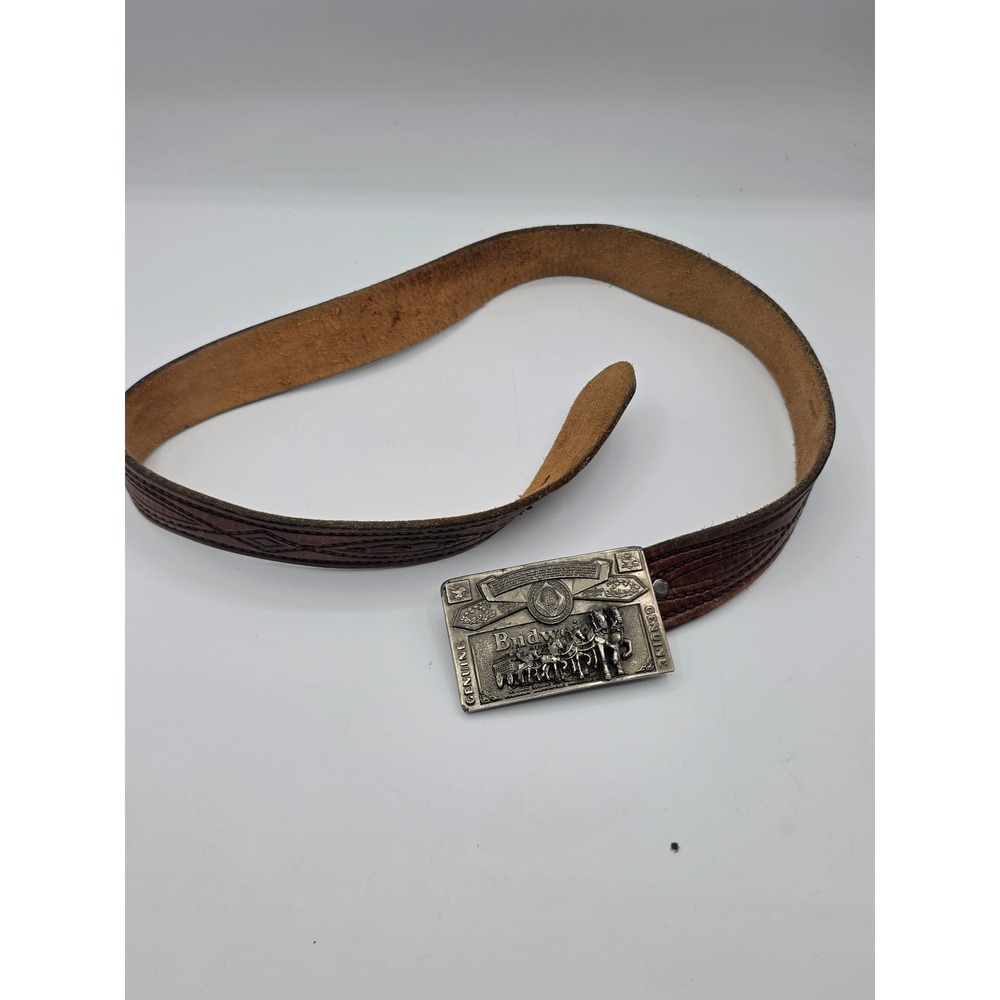 Vtg 1977 Budweiser Clydesdale Belt Buckle H 820 Tooled Brown Leather Belt 36"